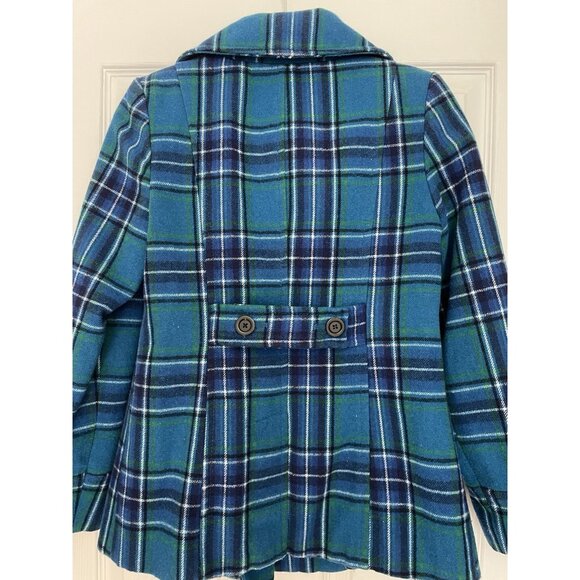 Old Navy Sz Small Bright Teal Blue Plaid Wool Pea Coat Women's Button Academia - Picture 5 of 7